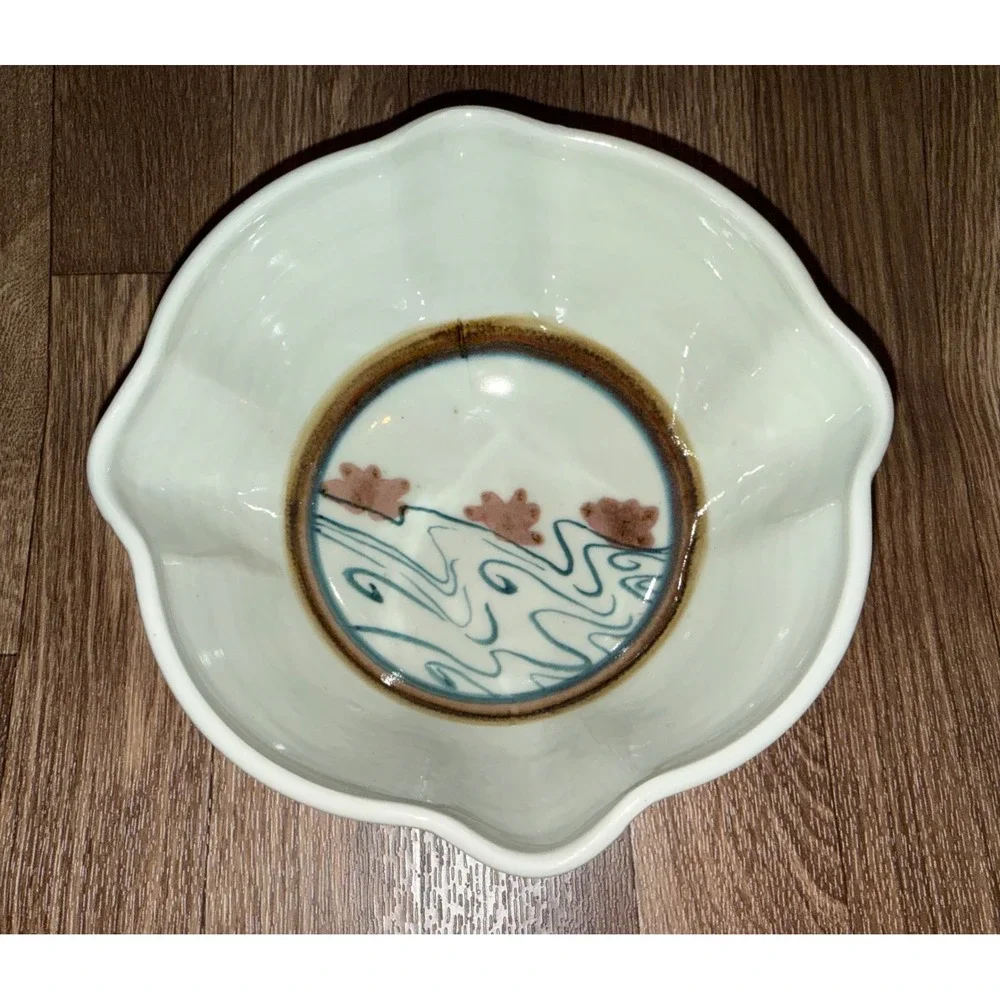 Handcrafted Signed Ceramic Scalloped Bowl White Blue Wave Floral 7.5 Inch